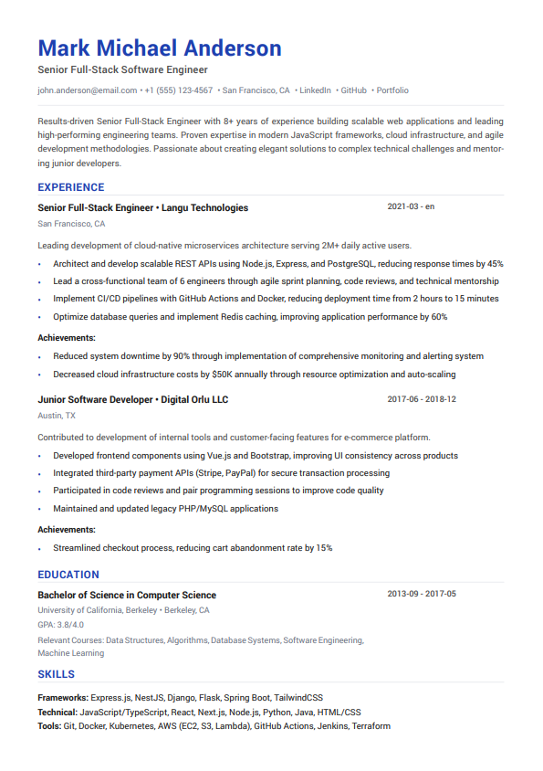 Pure ATS Resume Template - Single column ATS-optimized resume design for maximum compatibility with applicant tracking systems